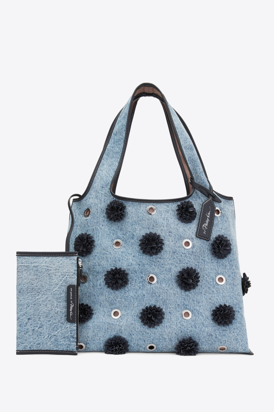 Denim Market Tote with Leather Flowers