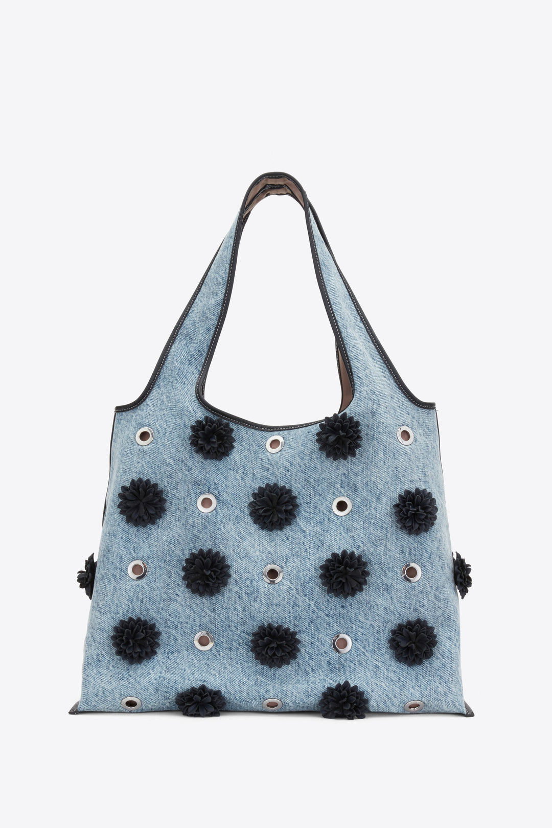 Denim Market Tote with Leather Flowers