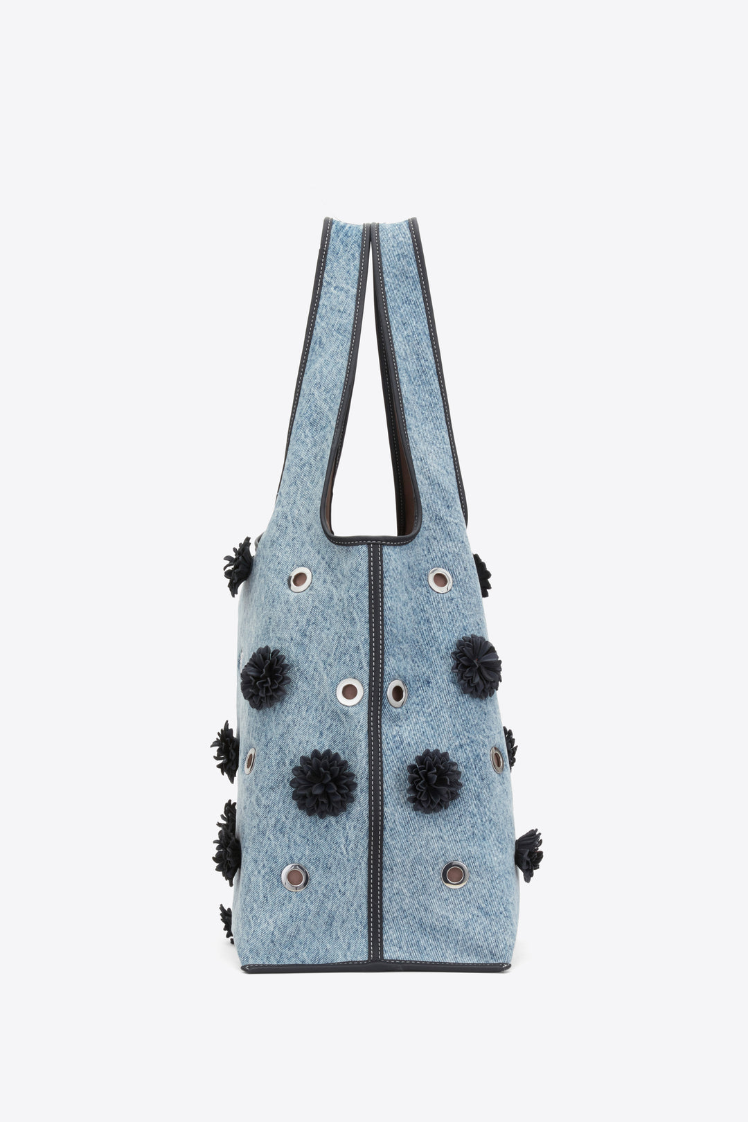 Denim Market Tote with Leather Flowers