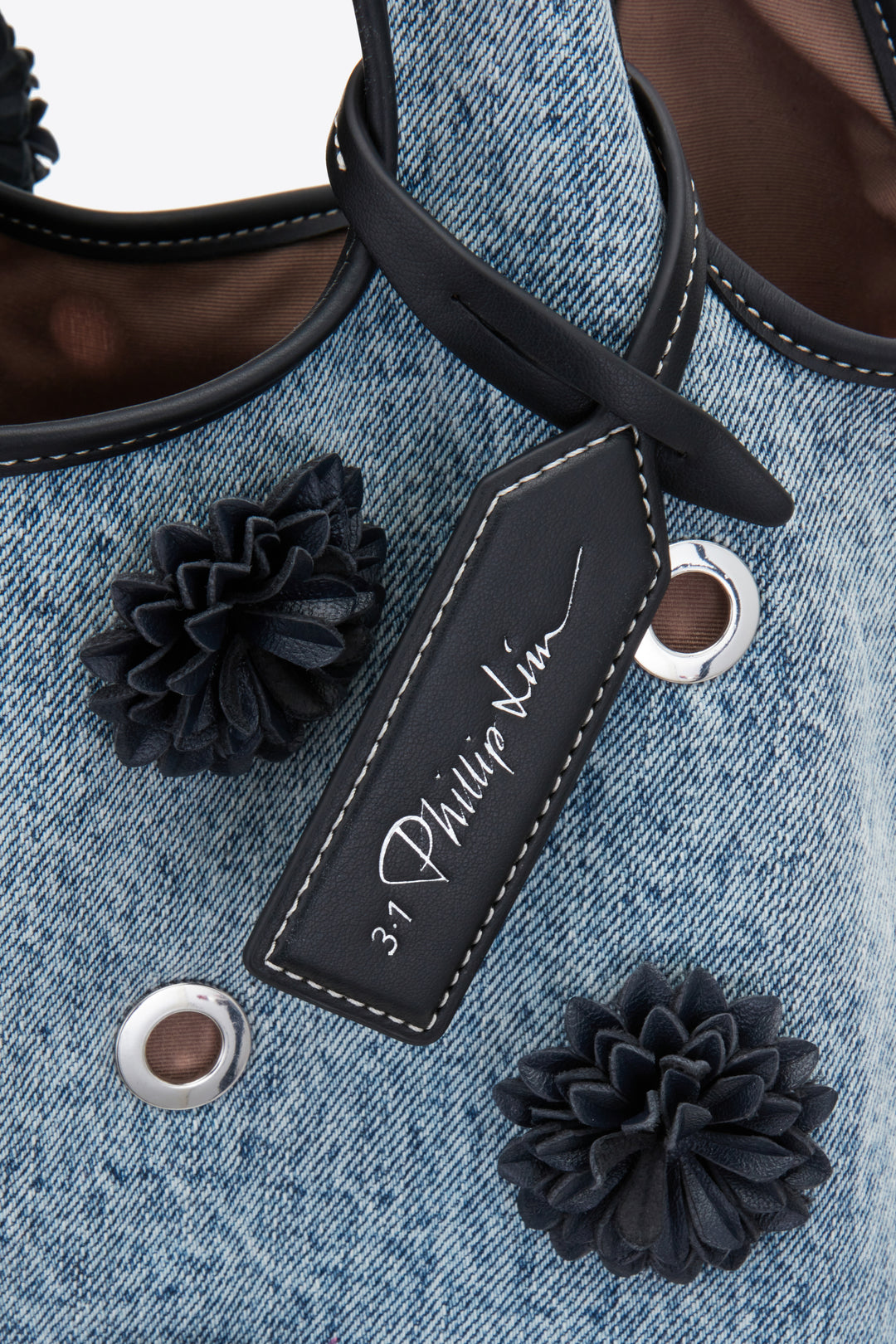 Denim Market Tote with Leather Flowers
