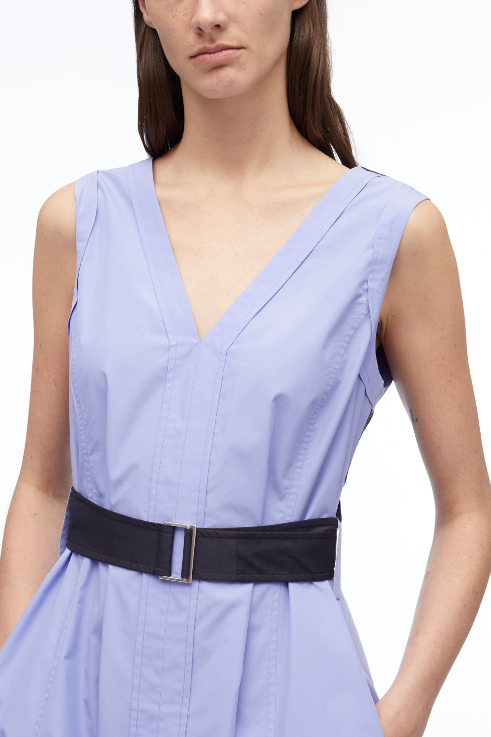 V-Neck Belted Poplin Midi Dress