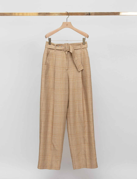 Linen Plaid Wide Leg Belted Pants