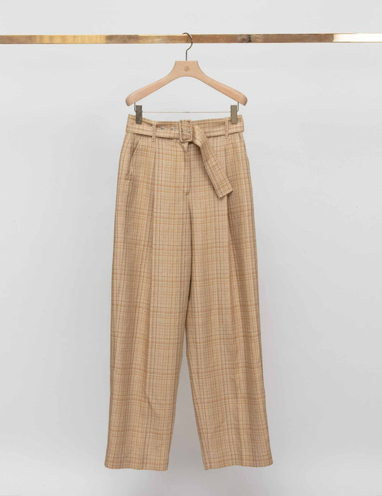 Linen Plaid Wide Leg Belted Pants