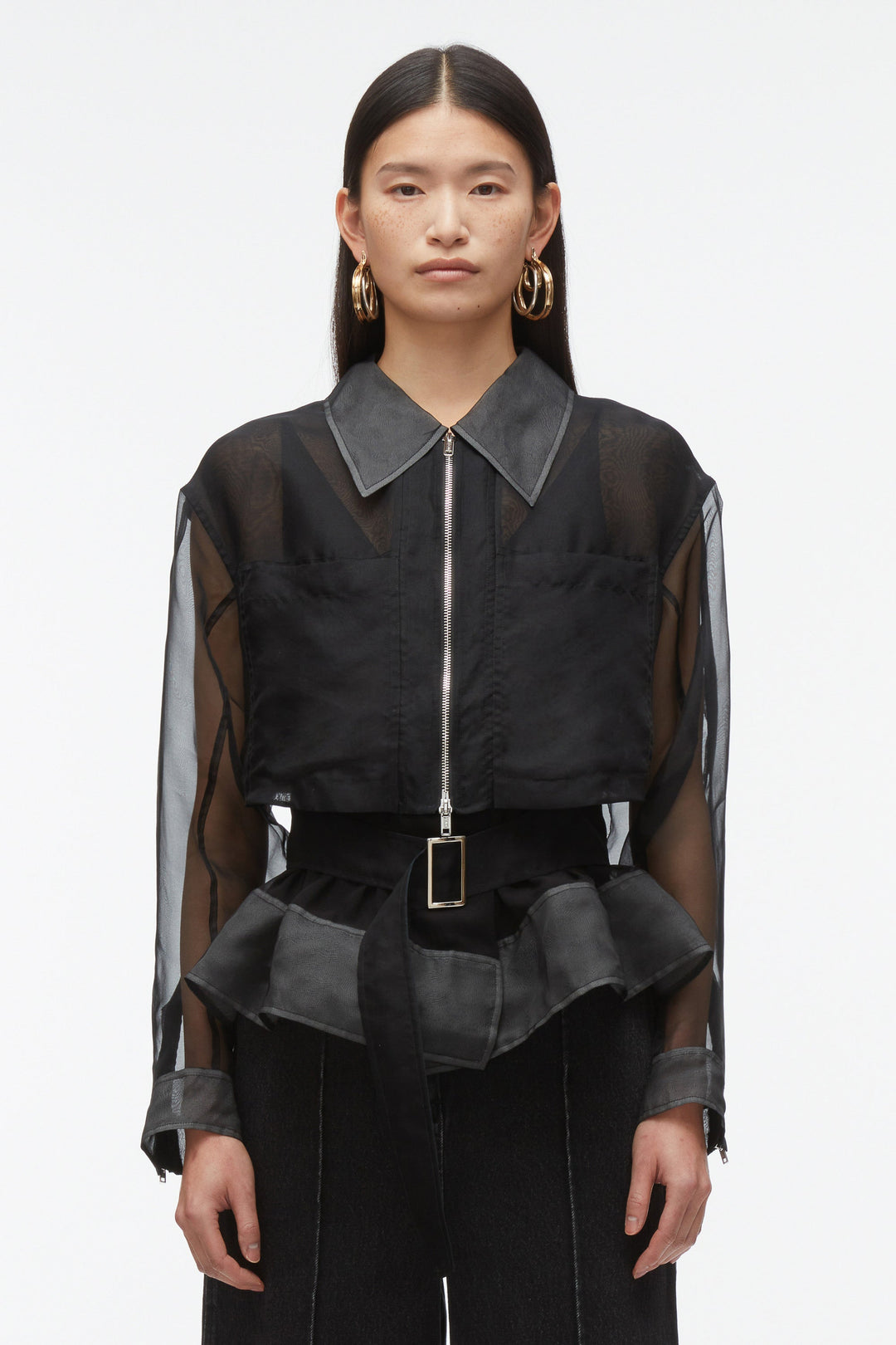 Organza Belted Flounce Utility Jacket
