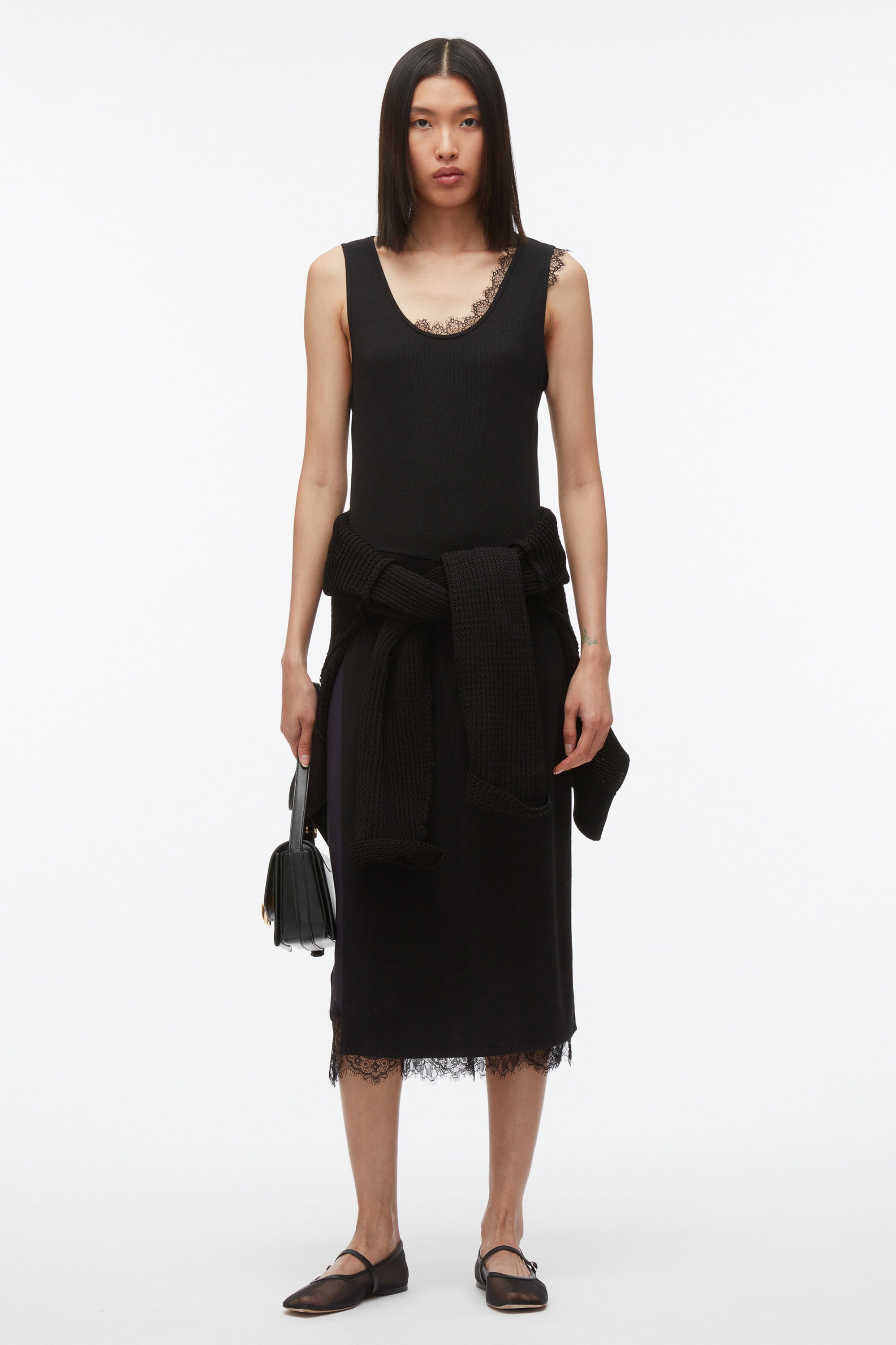 3.1 Phillip Lim Deconstructed Tank Dress with Lace Trim Black Midnight Xs