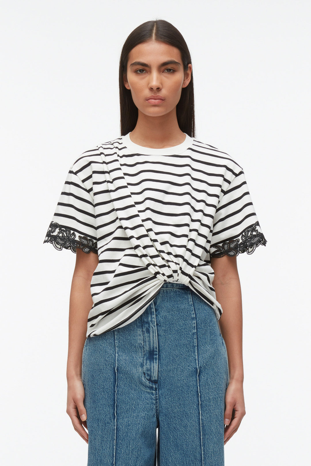 Draped Tee with Lace Embroidery