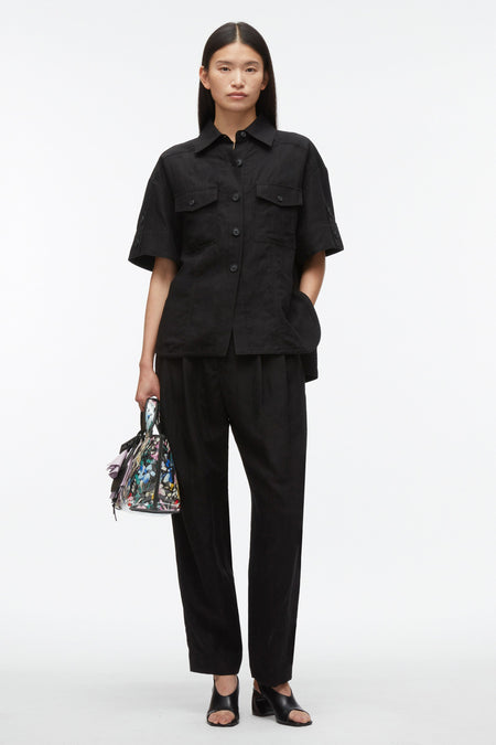 Short Sleeve Cotton Blend Crepe Crew Neck Pullover