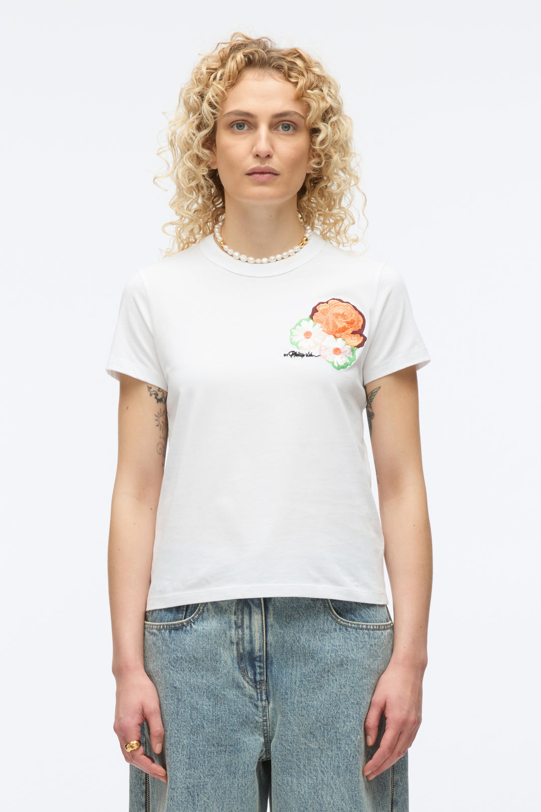Cropped Tee with Bouquet Embroidery