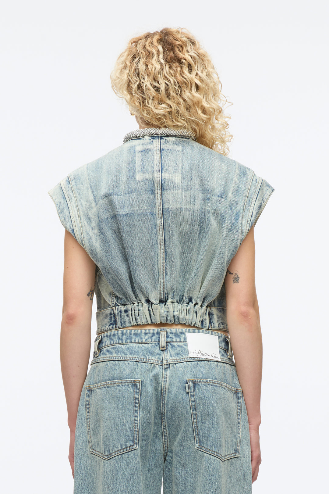 Denim Vest with Crystal Necklace