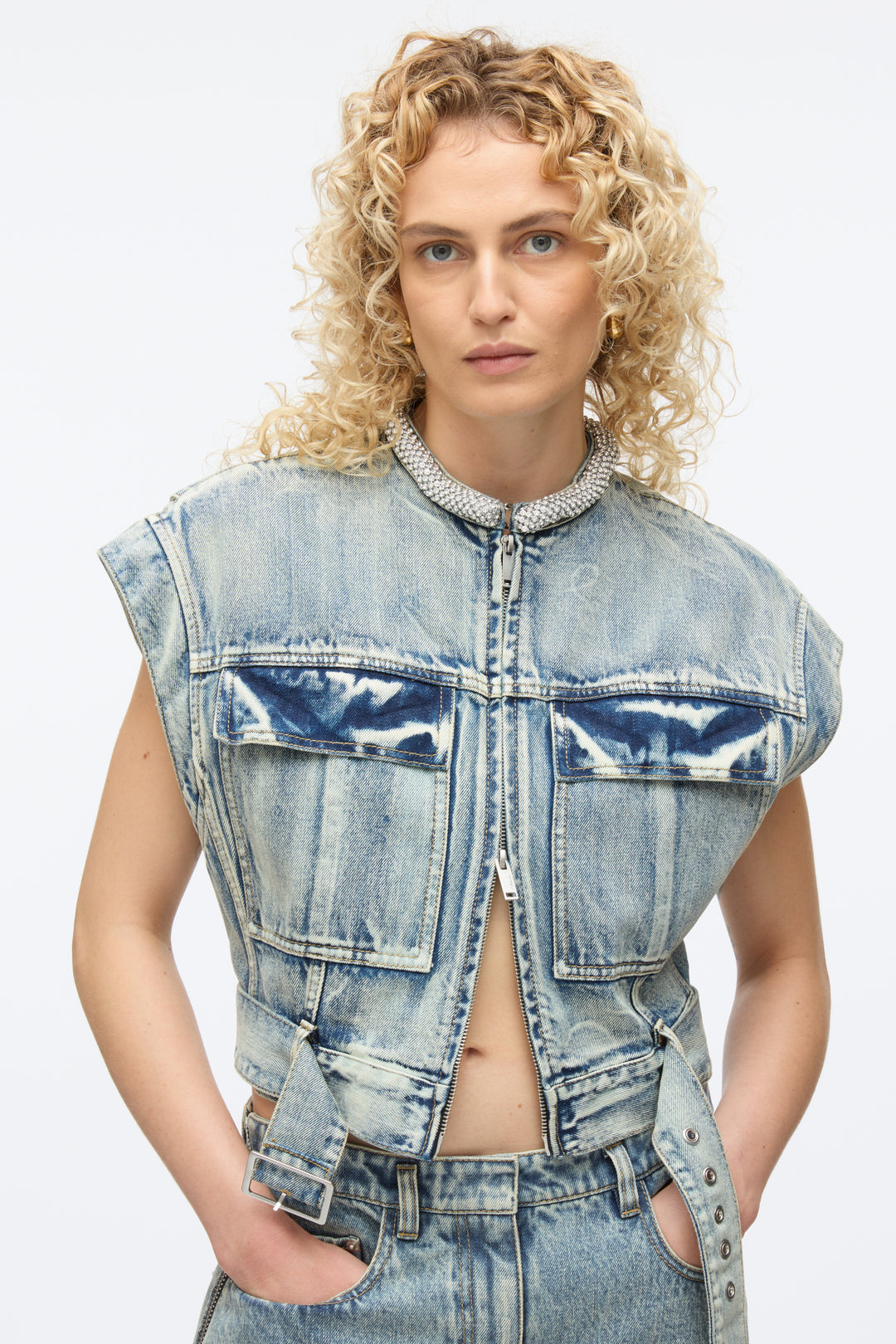 Denim Vest with Crystal Necklace