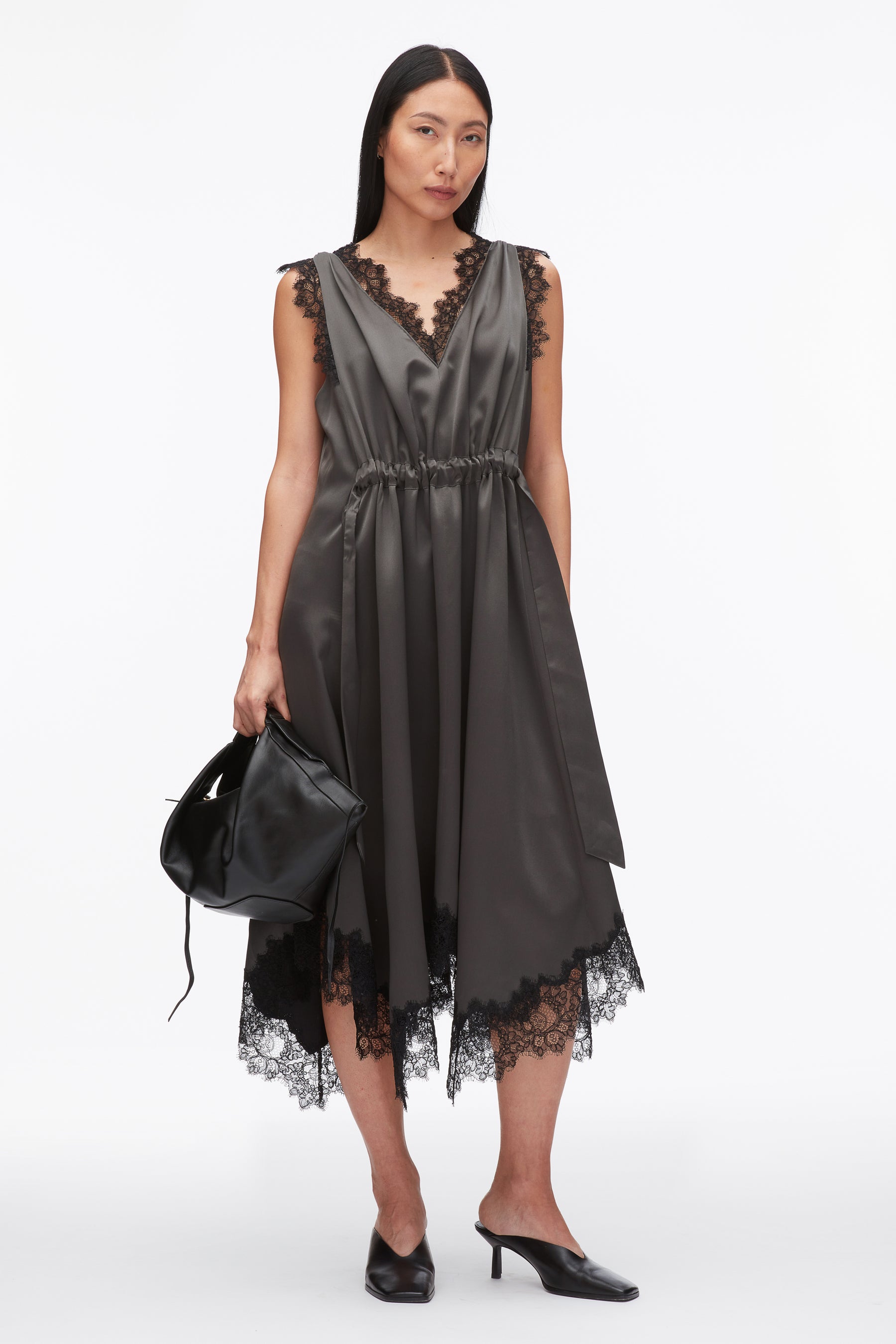 V-Neck Midi Dress with Lace Trim