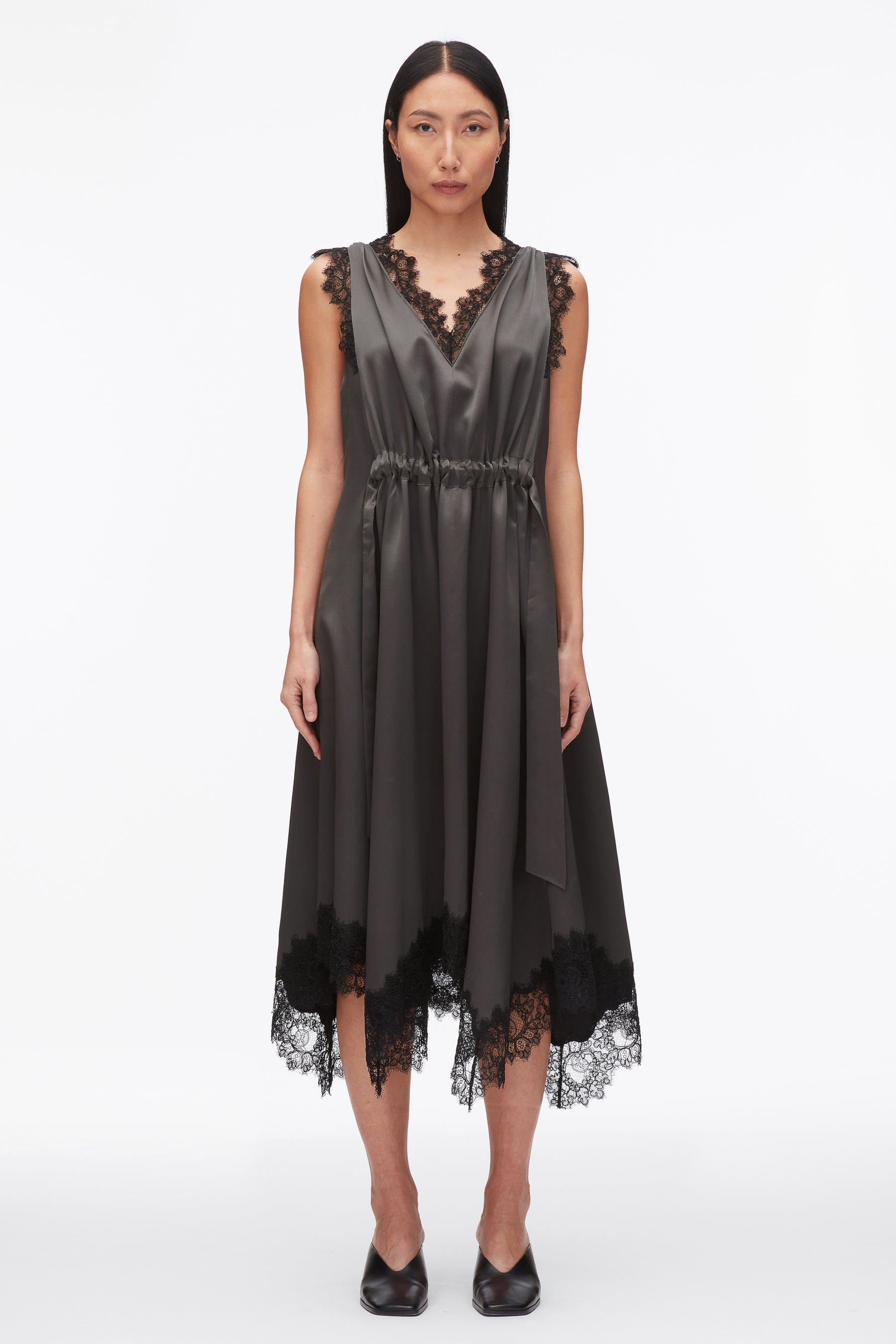 V-Neck Midi Dress with Lace Trim