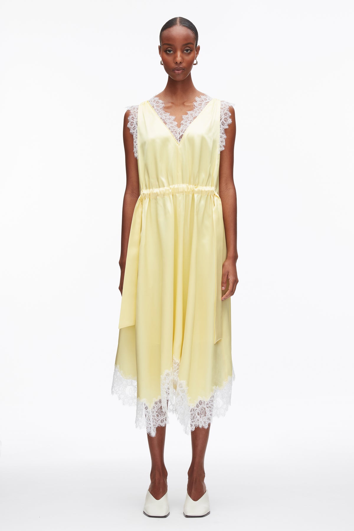 midi dress with lace trim Nyah Lace Trim Midi Dress Off White