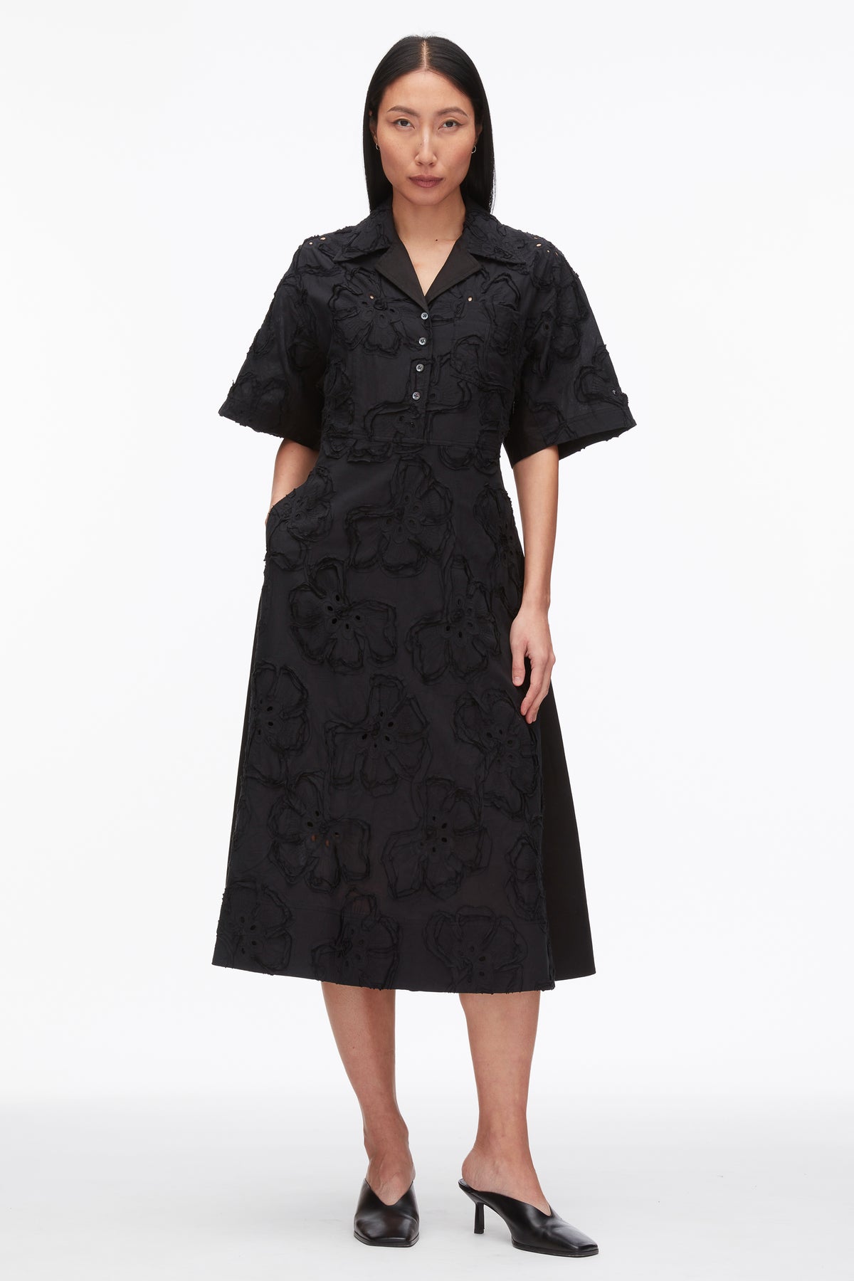 midi shirt dress short sleeve Embroidered Midi Shirt Dress
