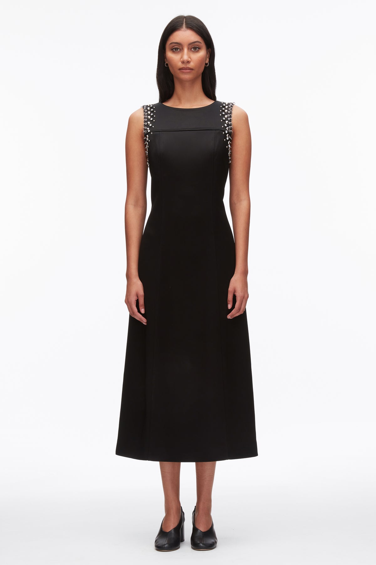 studded midi dress Satin Sleeveless - 8 D5177 mixing studs with sculptural Slate Blue Satin Asymmetrical Color Code:RDPL