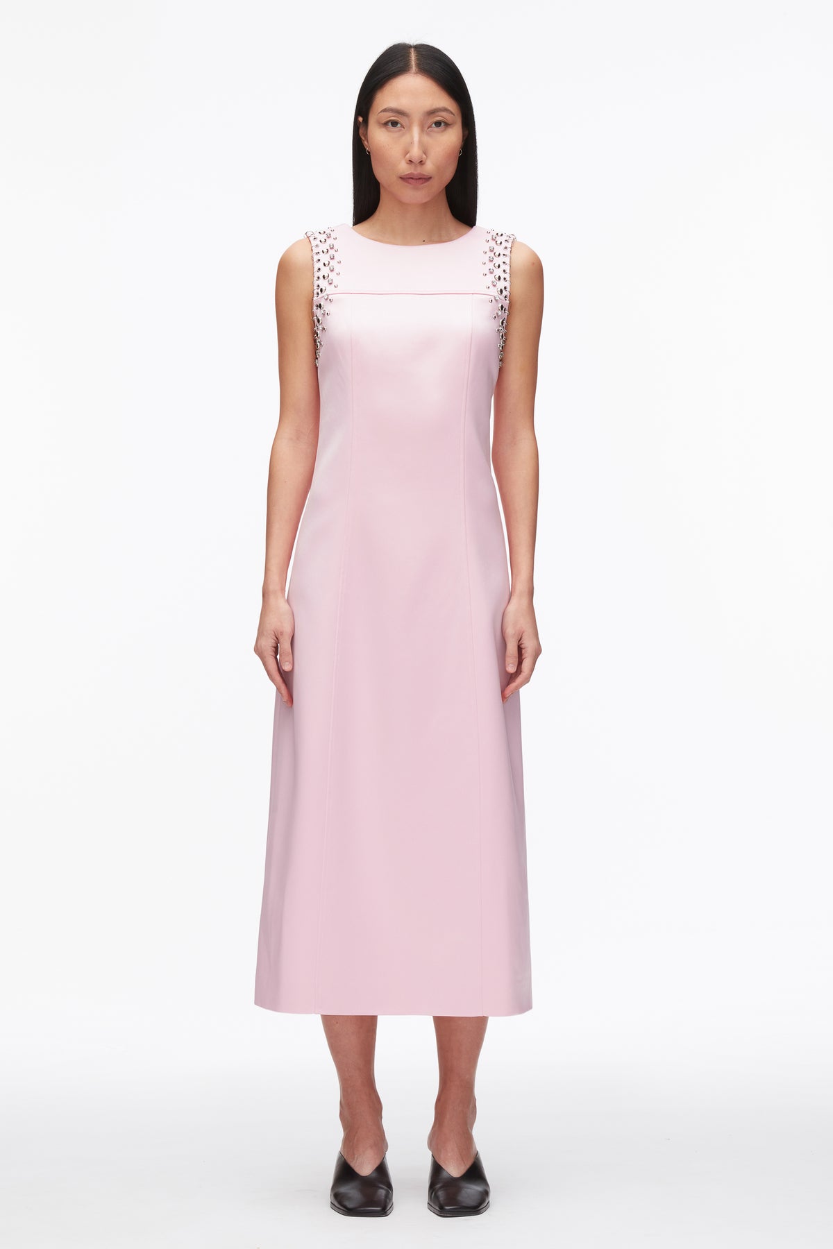 studded midi dress Satin Sleeveless - 10 D5177 mixing studs with sculptural Slate Blue Satin Asymmetrical Color Code:RDPL